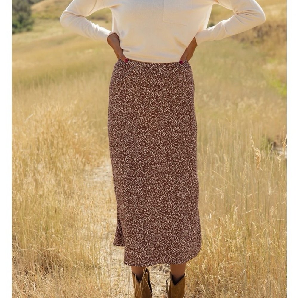 Roolee Floral Midi Skirt - Brown